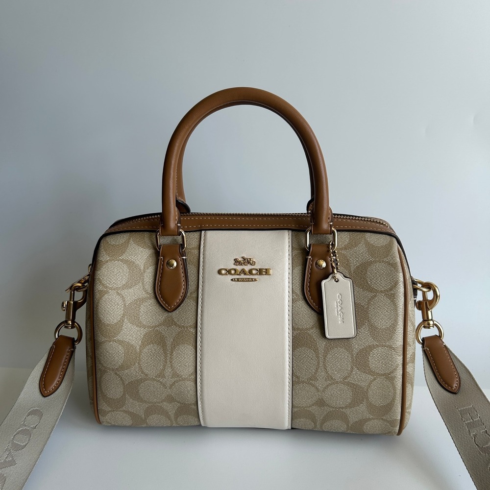 Coach Rowan Satchel Light Khaki Chalk Stripe Signature Canvas CR122
